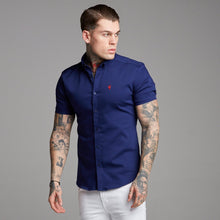 Load image into Gallery viewer, Father Sons Super Slim Stretch Navy Denim Short Sleeve (Red Emblem) - FS199