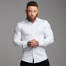 Load image into Gallery viewer, Father Sons Super Slim Stretch Classic White Oxford Panel Shirt (Light blue embroidery) - FS368
