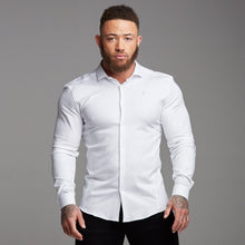 Load image into Gallery viewer, Father Sons Super Slim Stretch Classic White Oxford Panel Shirt (Light blue embroidery) - FS368
