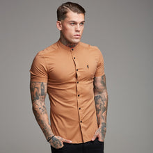 Load image into Gallery viewer, Father Sons Super Slim Stretch Classic Tan Grandad Collar Short Sleeve - FS287
