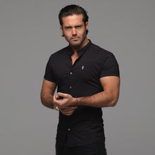 Load image into Gallery viewer, Father Sons Super Slim Stretch Classic Black Grandad Collar Short Sleeve - FS173

