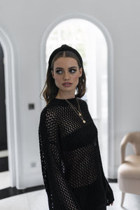 'GRACE' Crochet Style Jumper with Bell Sleeve Black - CTJ015