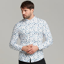 Load image into Gallery viewer, Father Sons Super Slim Stretch Blue Feather Print Button Down - FS595
