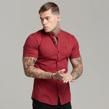 Load image into Gallery viewer, Father Sons Super Slim Stretch Classic Oxblood Grandad Collar Short Sleeve - FS292
