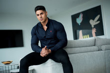 Load image into Gallery viewer, Father Sons Super Slim Stretch Navy &amp; Red Ditsy Print Long Sleeve (Red Embroidery) - FS092R
